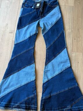 Fashion Nova Two-Tone Blue Patchwork Flare Jeans